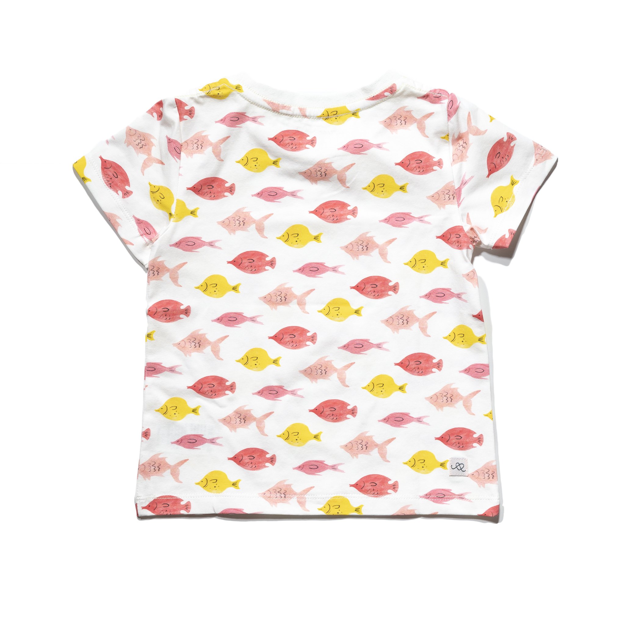 Kinsey tee in fishes print, featuring short sleeves and contrast color binding, made from stretchy cotton for kids aged 2T to 6T.