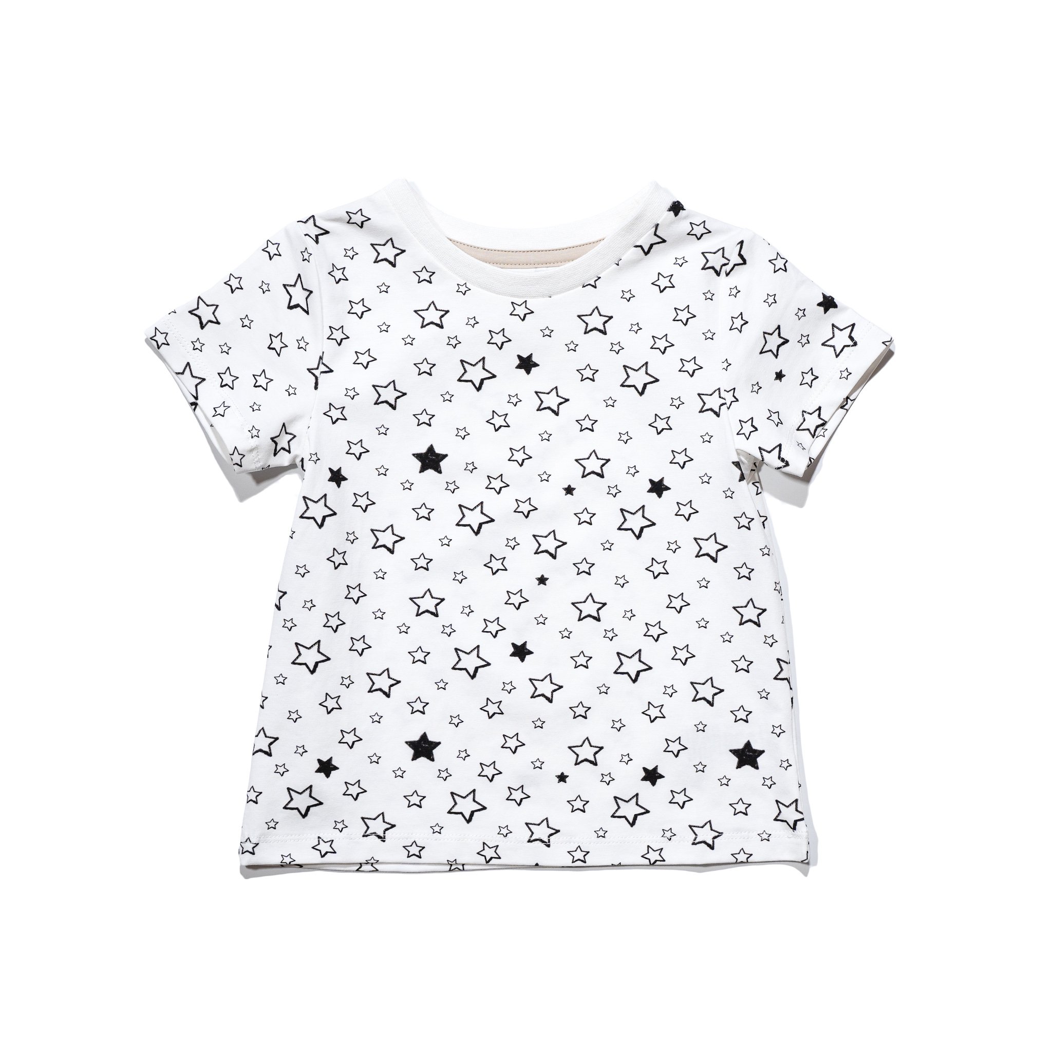 Kinsey tee in Starry design, featuring short sleeves and contrast color binding, made from stretchy cotton blend for kids.