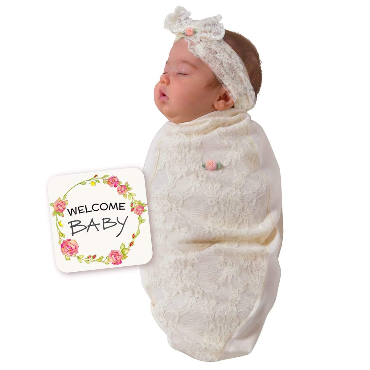 Lace Blossoms baby cocoon swaddle set with matching headpiece and announcement card, designed for newborn comfort.