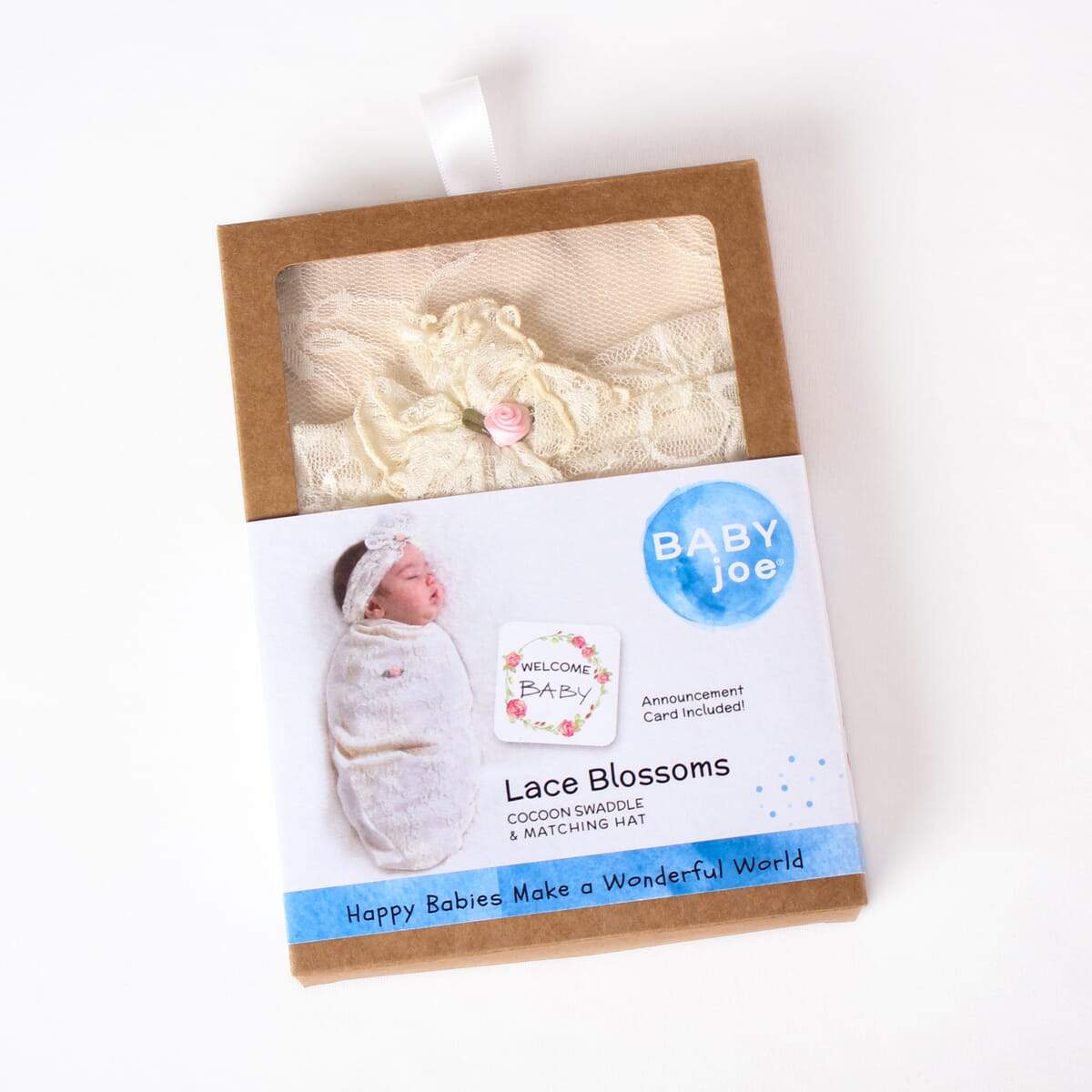 Lace Blossoms baby cocoon swaddle set with matching headpiece and announcement card, designed for newborn comfort.