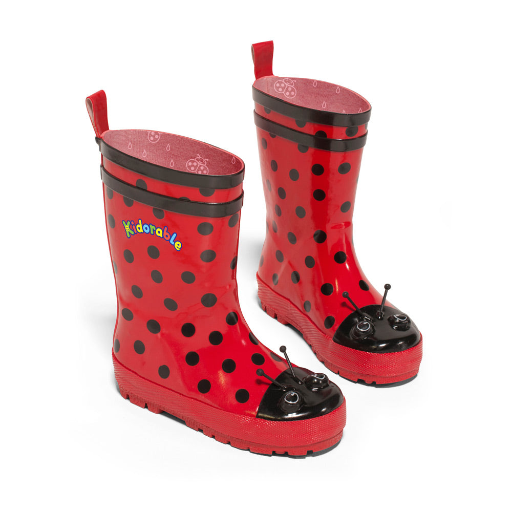 Kidorable Ladybug Rain Boots featuring vibrant ladybug design, natural rubber material, and fun printed lining.