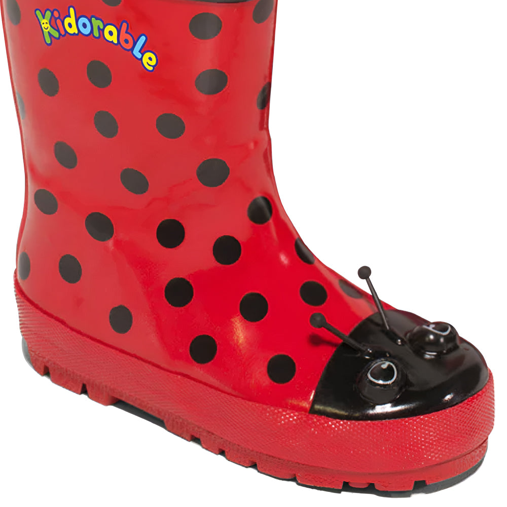 Kidorable Ladybug Rain Boots featuring vibrant ladybug design, natural rubber material, and fun printed lining.