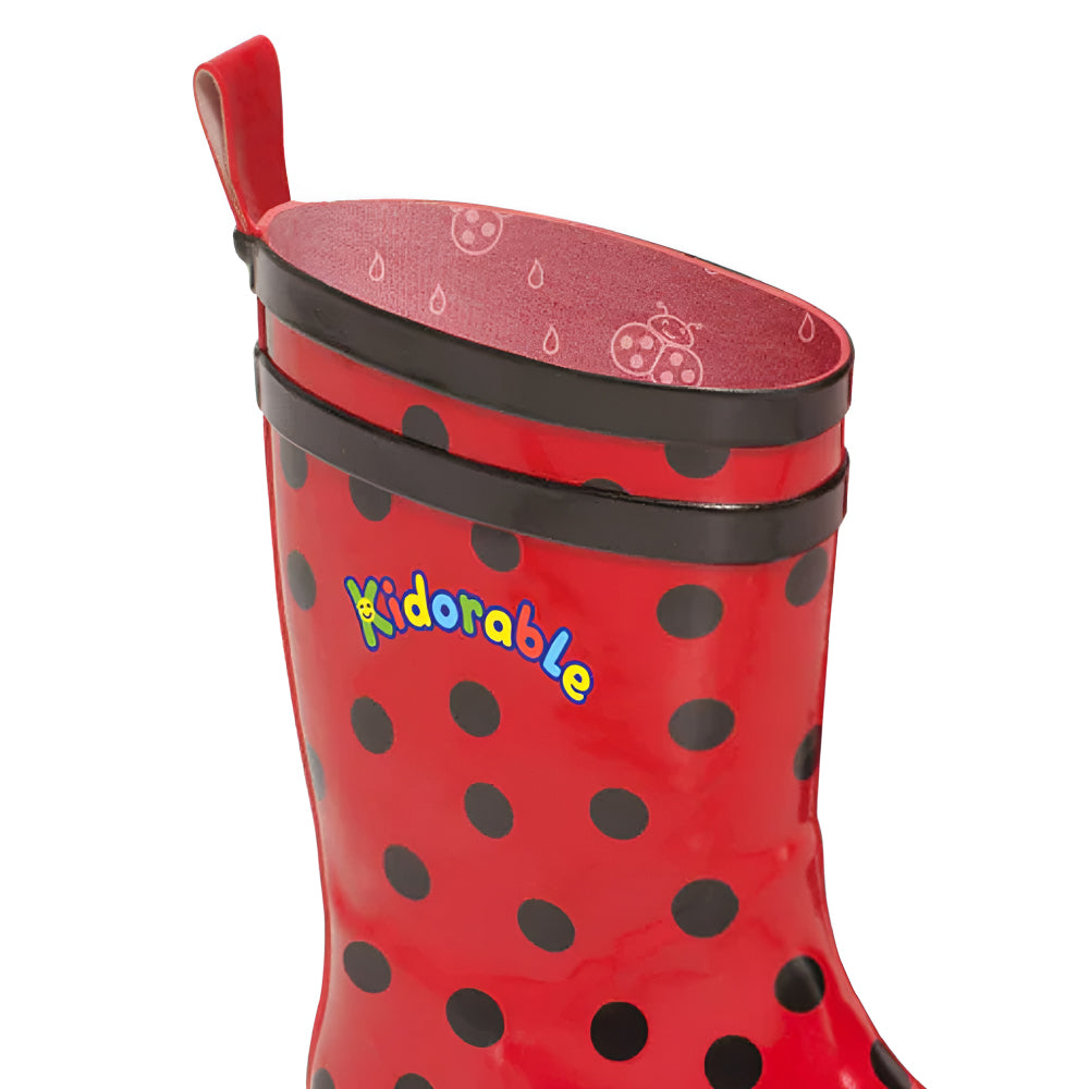 Kidorable Ladybug Rain Boots featuring vibrant ladybug design, natural rubber material, and fun printed lining.