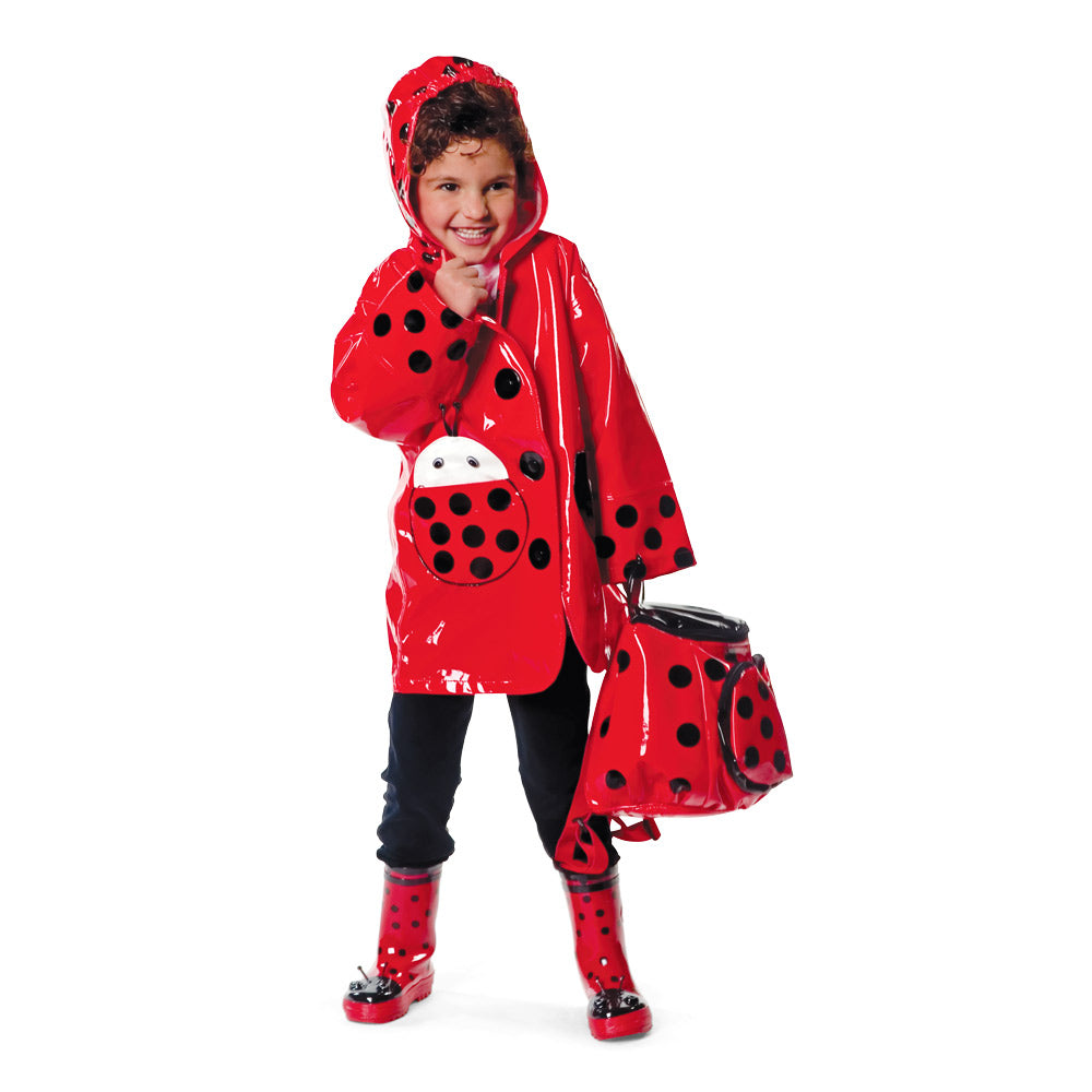 Kidorable Ladybug Rain Boots featuring vibrant ladybug design, natural rubber material, and fun printed lining.