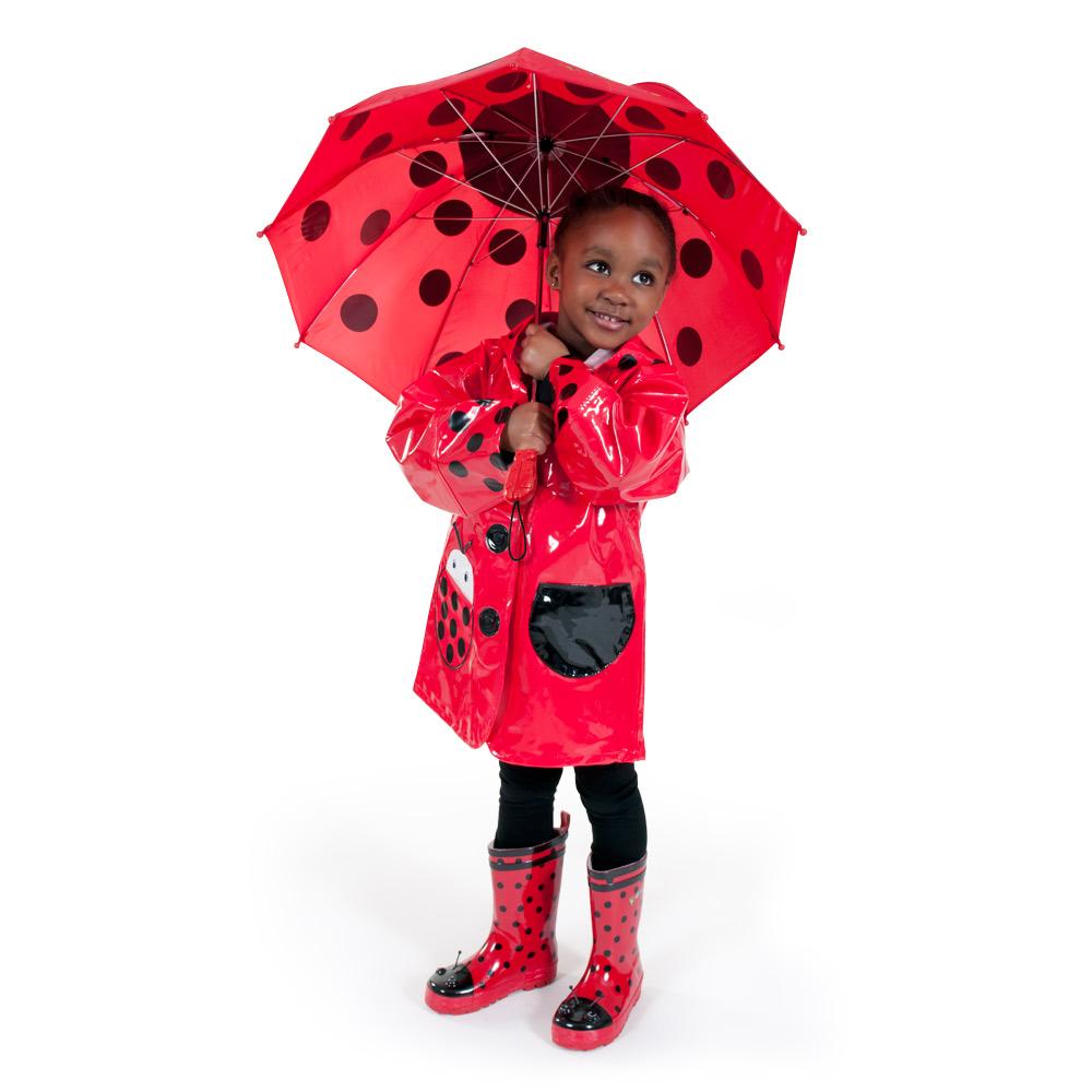 Kidorable Ladybug Rain Boots featuring vibrant ladybug design, natural rubber material, and fun printed lining.