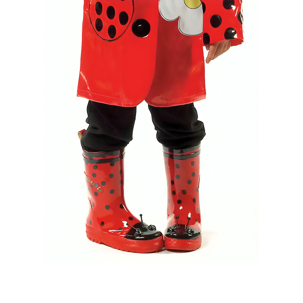 Kidorable Ladybug Rain Boots featuring vibrant ladybug design, natural rubber material, and fun printed lining.