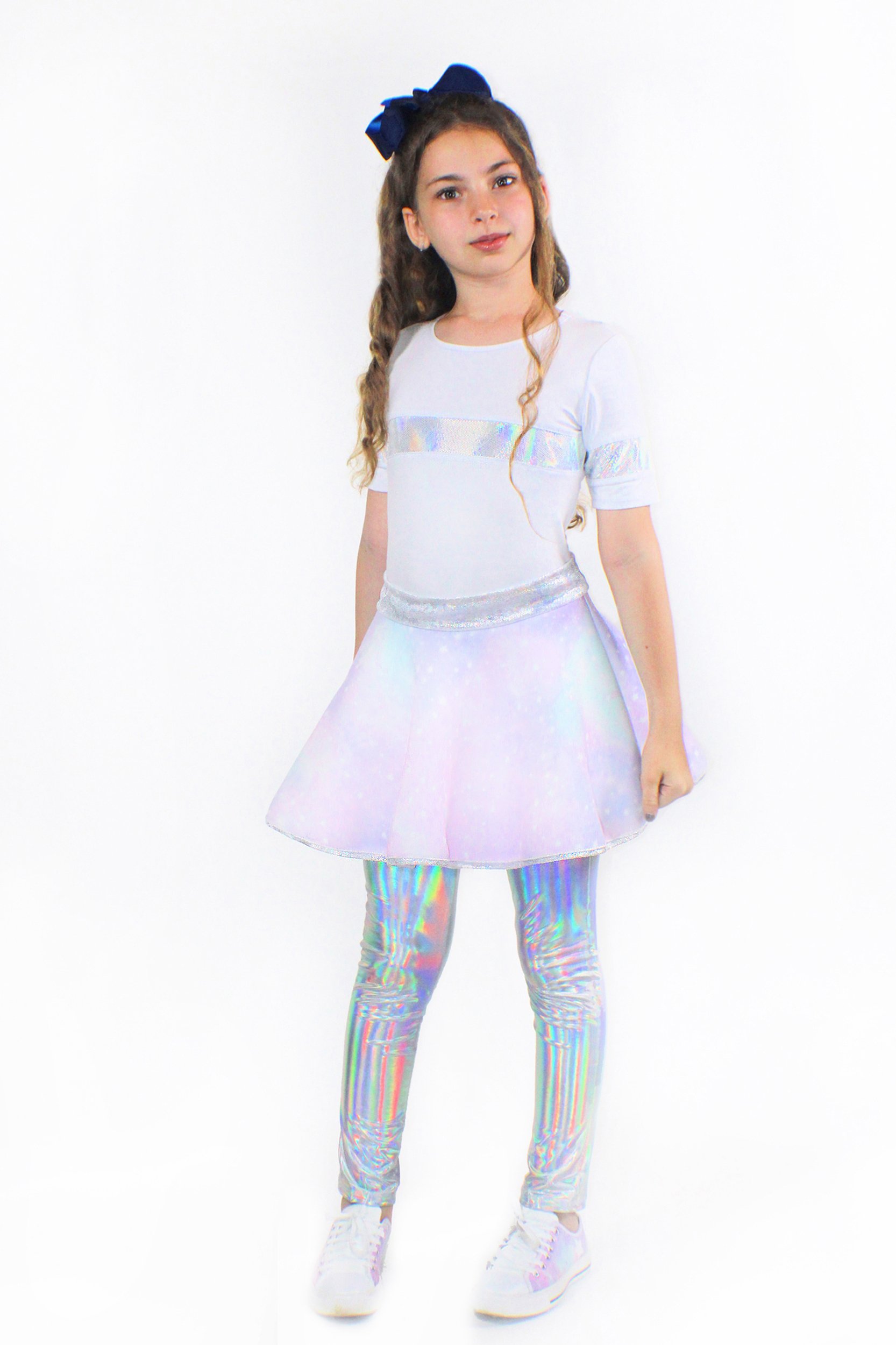 Lana Galaxy Scuba Bell Skirt featuring a vibrant galaxy print and unicorn velvet waist, perfect for tweens.