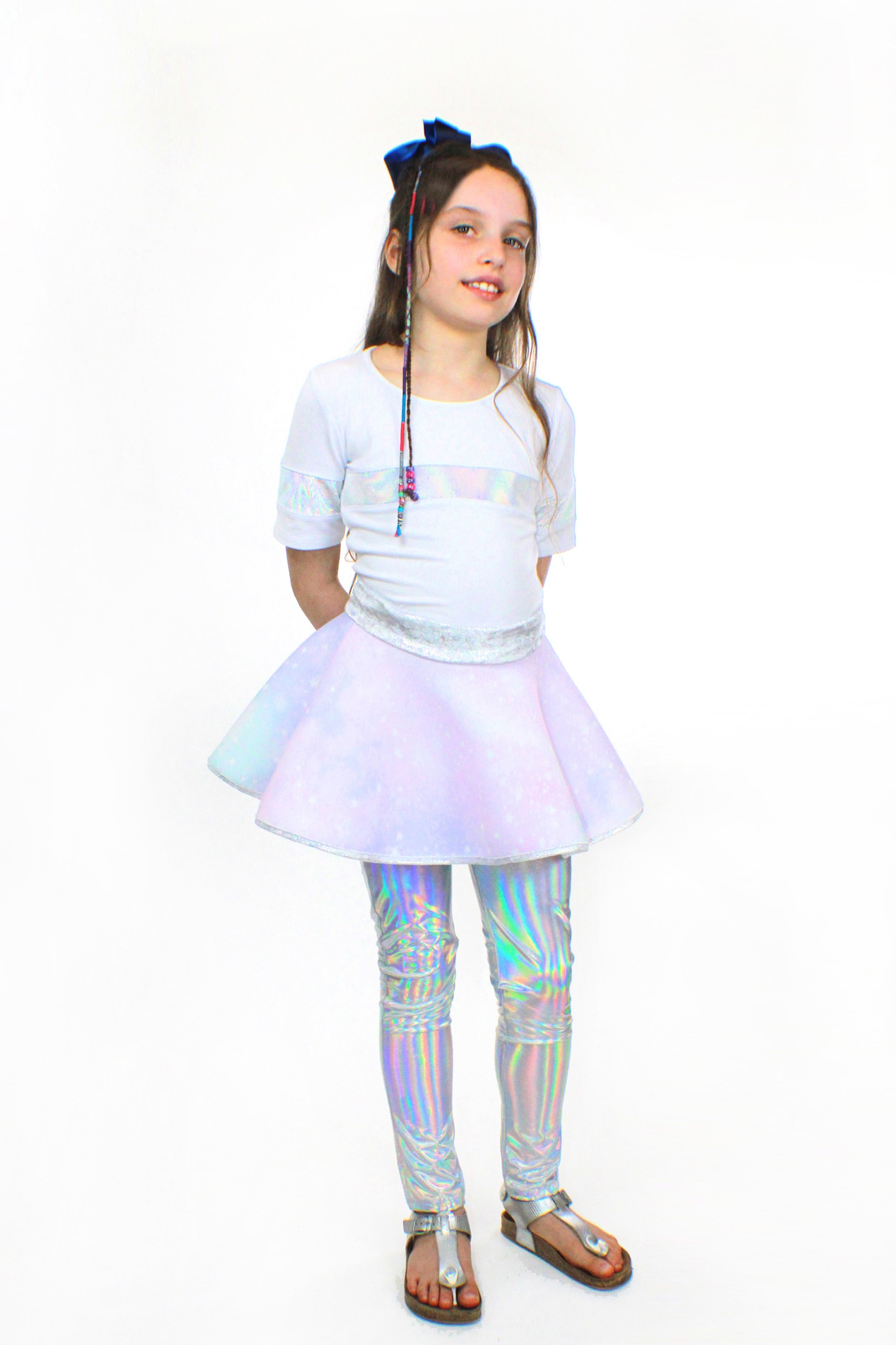 Lana Galaxy Scuba Bell Skirt featuring a vibrant galaxy print and unicorn velvet waist, perfect for tweens.