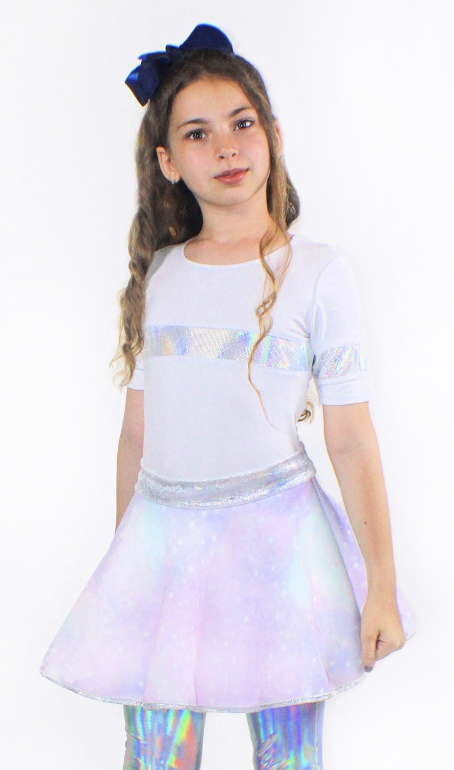 Lana Galaxy Scuba Bell Skirt featuring a vibrant galaxy print and unicorn velvet waist, perfect for tweens.