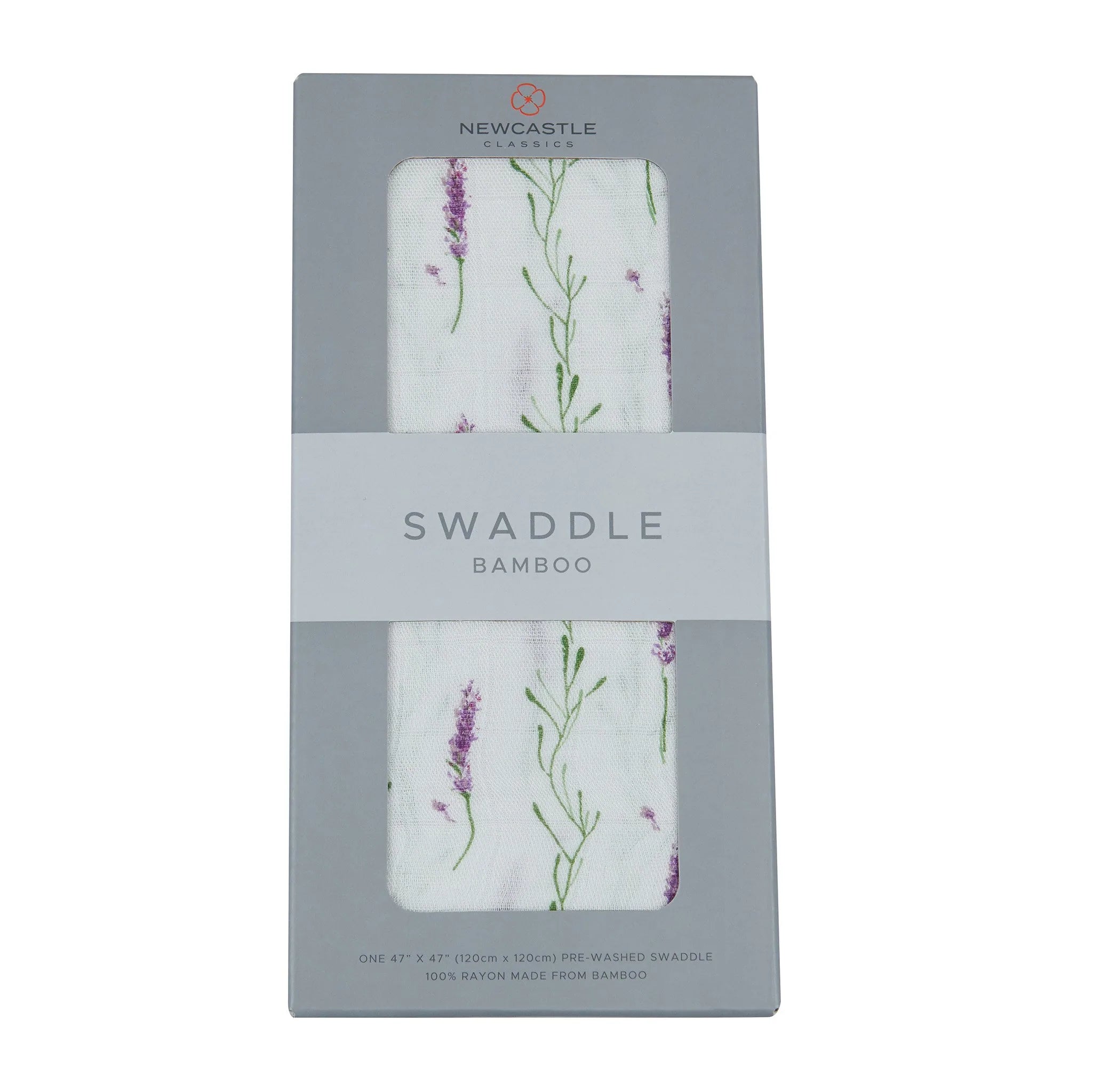 Lavender Stems Swaddle made from soft bamboo muslin, featuring a beautiful lavender pattern, perfect for swaddling and versatile use.