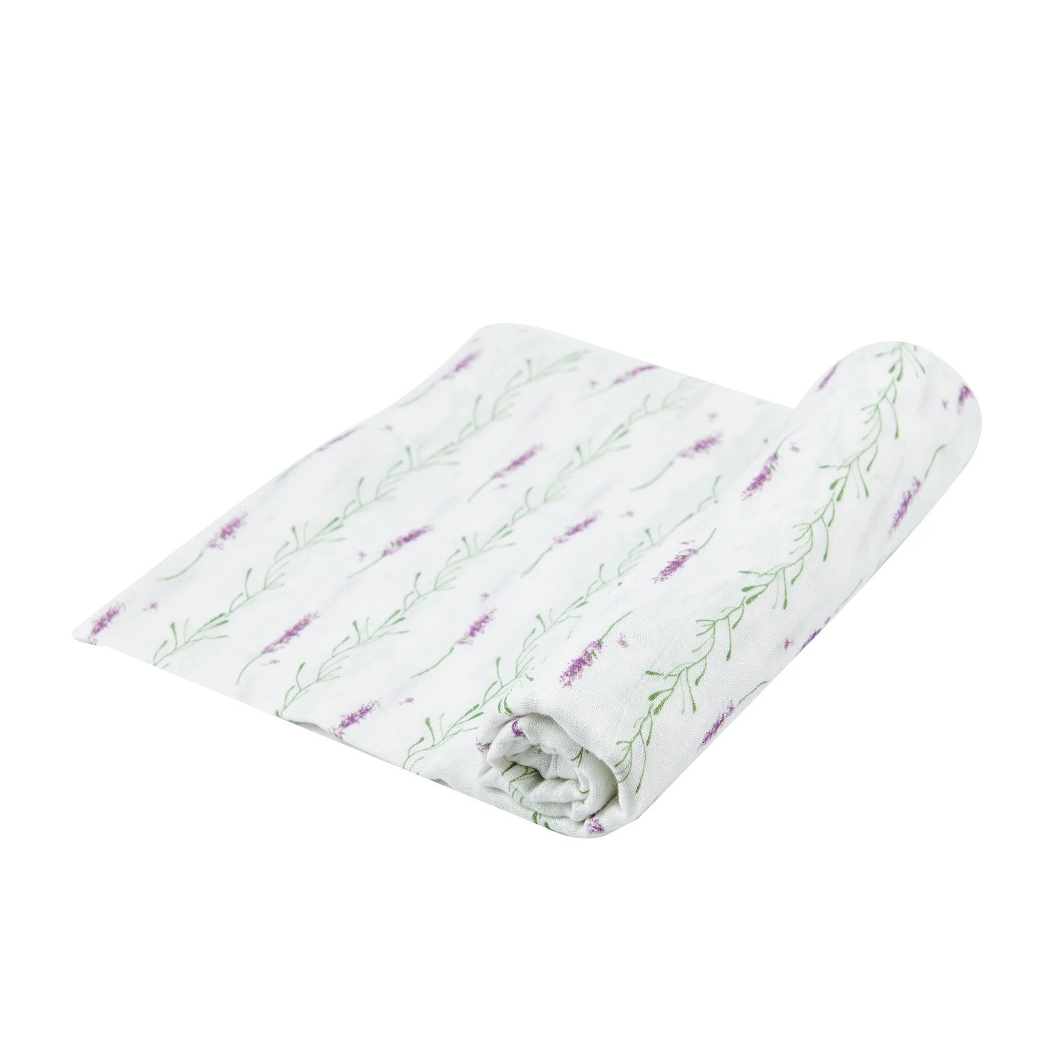 Lavender Stems Swaddle made from soft bamboo muslin, featuring a beautiful lavender pattern, perfect for swaddling and versatile use.