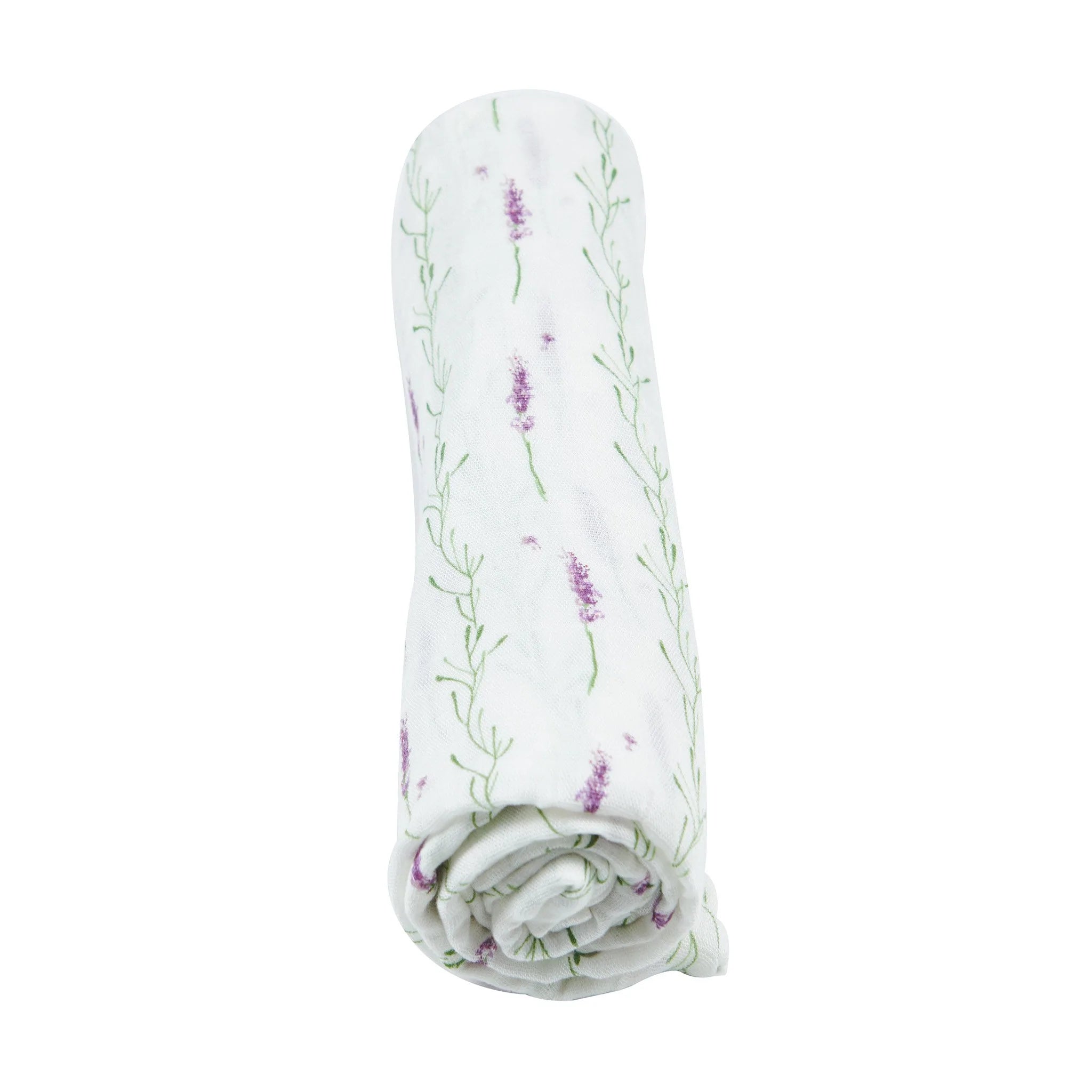 Lavender Stems Swaddle made from soft bamboo muslin, featuring a beautiful lavender pattern, perfect for swaddling and versatile use.