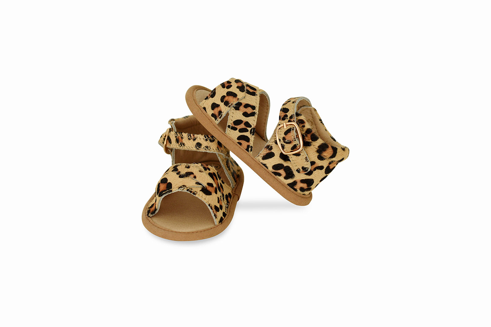 A pair of stylish leopard print baby sandals made of soft leather, featuring rubber treads for safety and comfort.