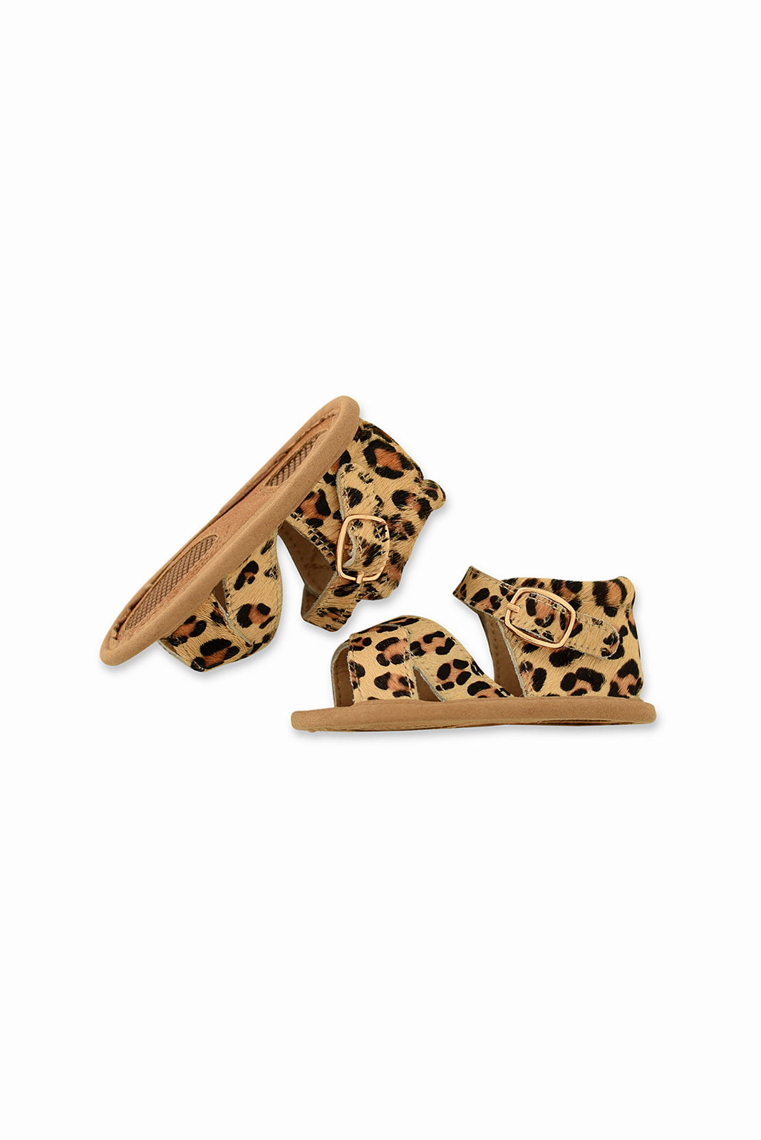 A pair of stylish leopard print baby sandals made of soft leather, featuring rubber treads for safety and comfort.