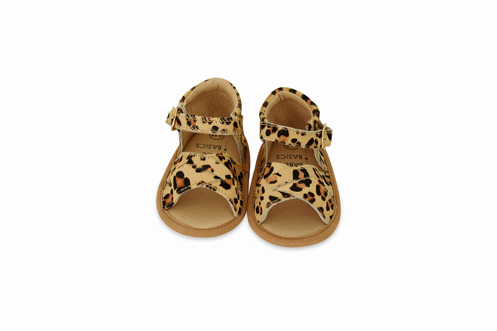 A pair of stylish leopard print baby sandals made of soft leather, featuring rubber treads for safety and comfort.