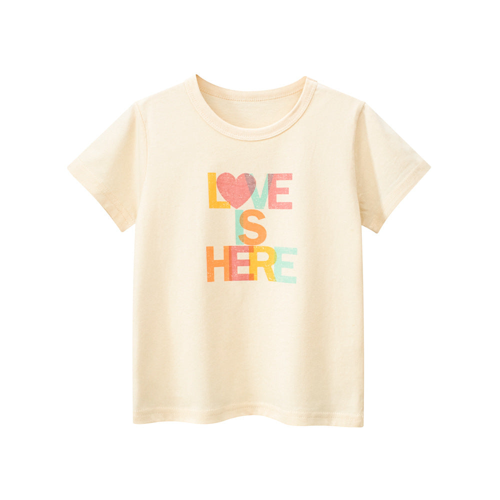 A vibrant pink and apricot girls' t-shirt featuring a playful letters print, perfect for summer wear.