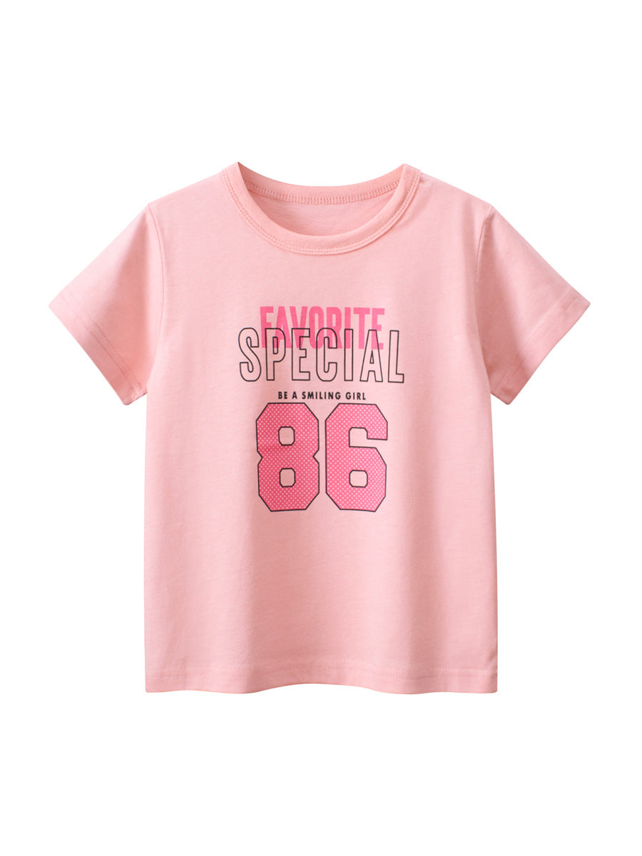 A vibrant pink and apricot girls' t-shirt featuring a playful letters print, perfect for summer wear.