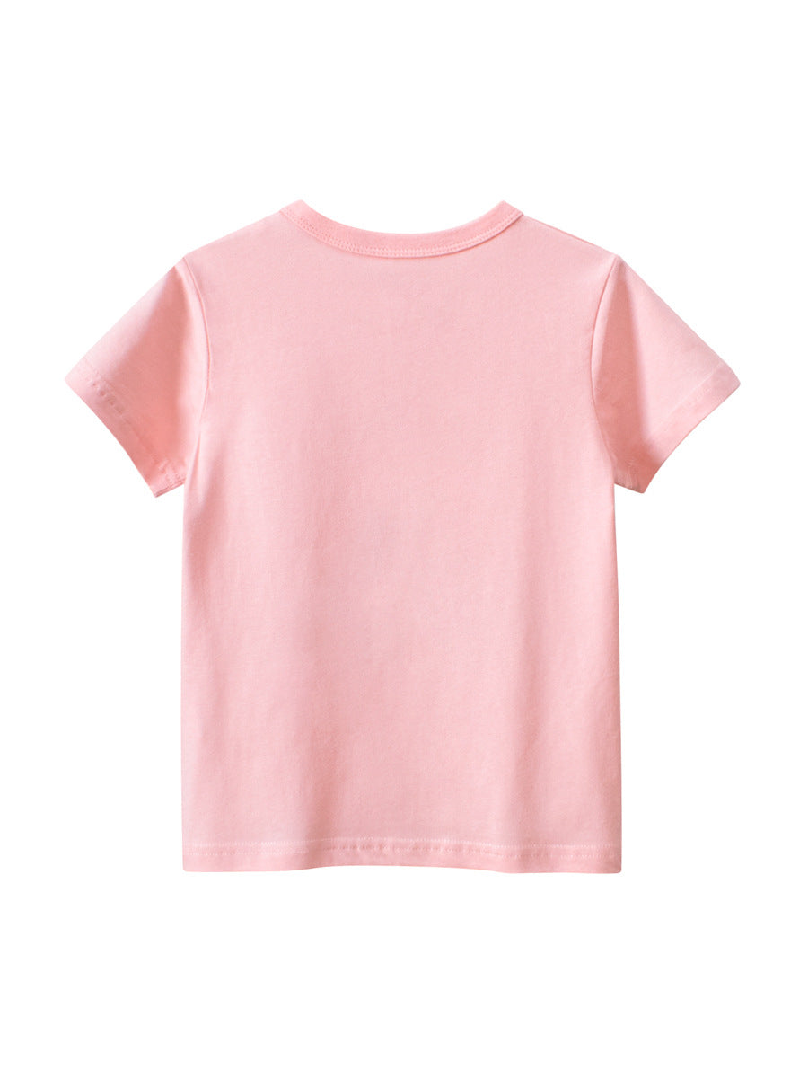 A vibrant pink and apricot girls' t-shirt featuring a playful letters print, perfect for summer wear.