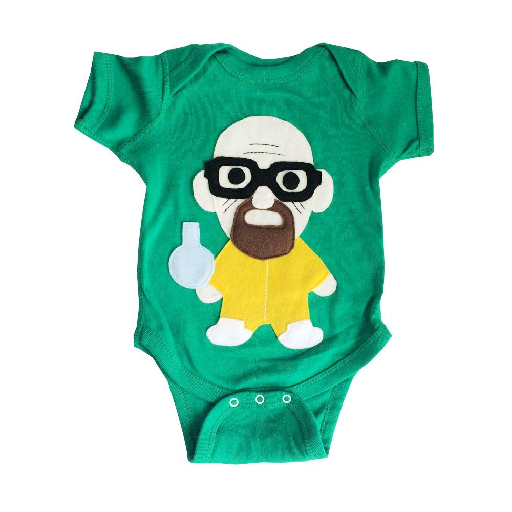 A playful green onesie featuring a character holding a flask, perfect for little chefs.