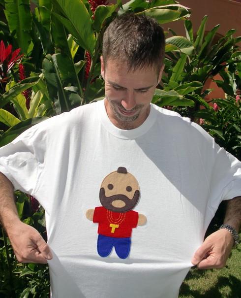 Looks Like Mr. Tee Adult T-Shirt featuring red and blue colors with unique felt appliqué designs and a golden necklace.