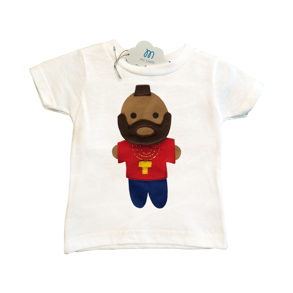 A vibrant red and blue kids t-shirt featuring a unique felt appliqué design and a golden necklace, handmade with love.