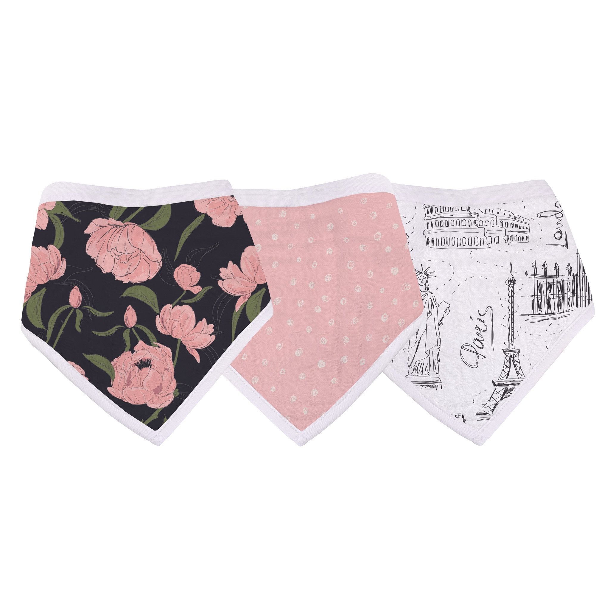 Set of three stylish bandana bibs in London, Paris, and New York designs made from soft bamboo muslin.