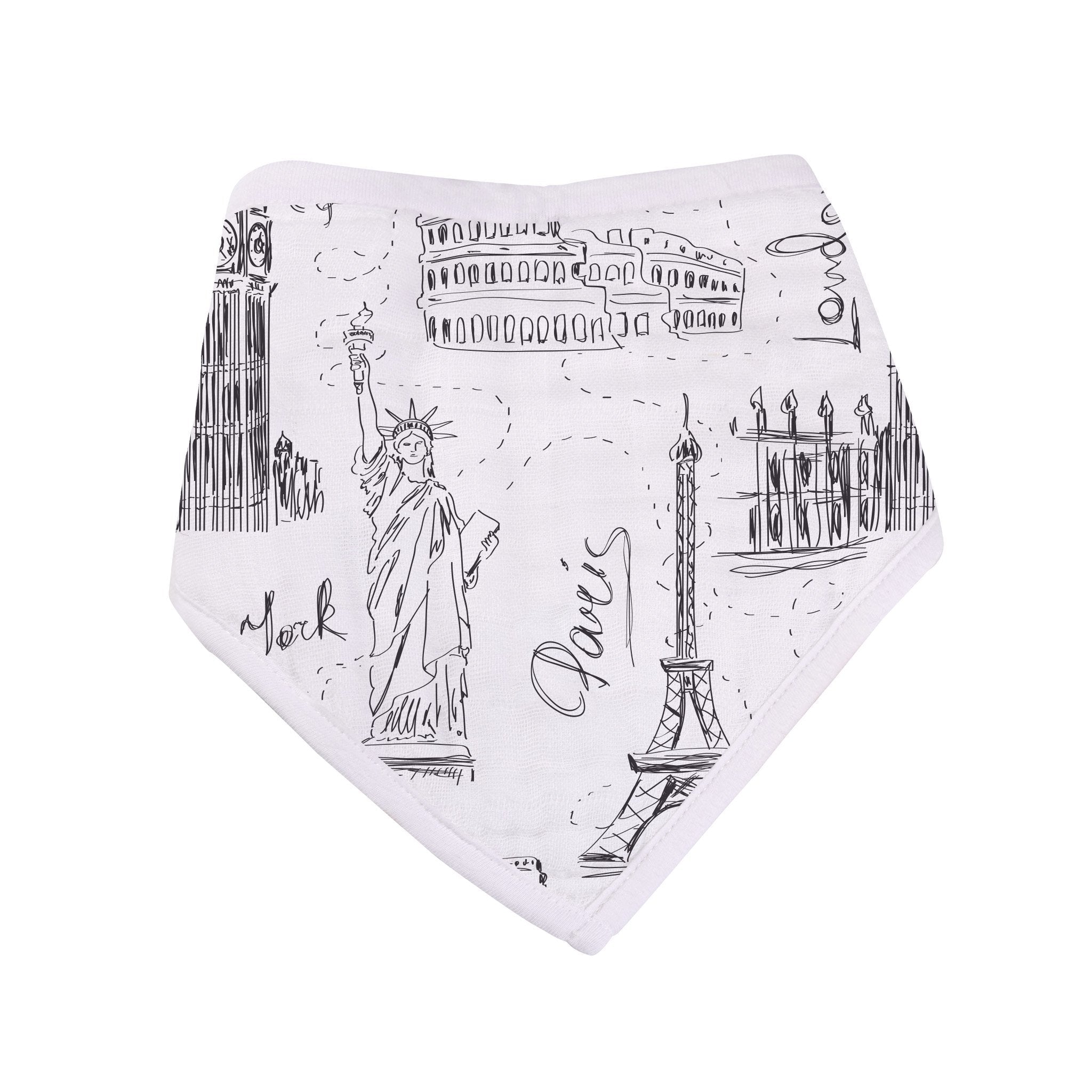 Set of three stylish bandana bibs in London, Paris, and New York designs made from soft bamboo muslin.