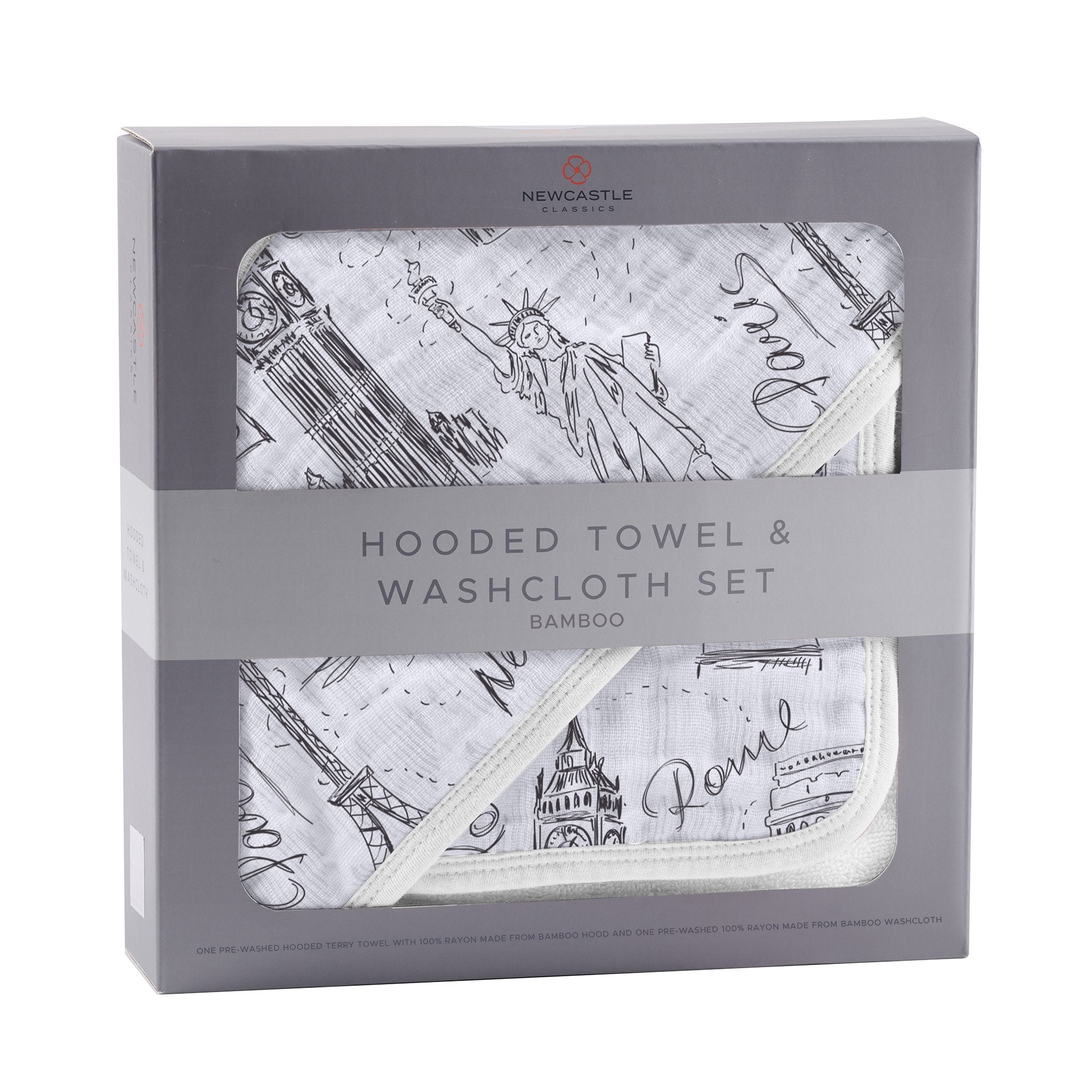 A soft bamboo hooded towel featuring designs of London, Paris, and New York, accompanied by a matching washcloth, perfect for babies.