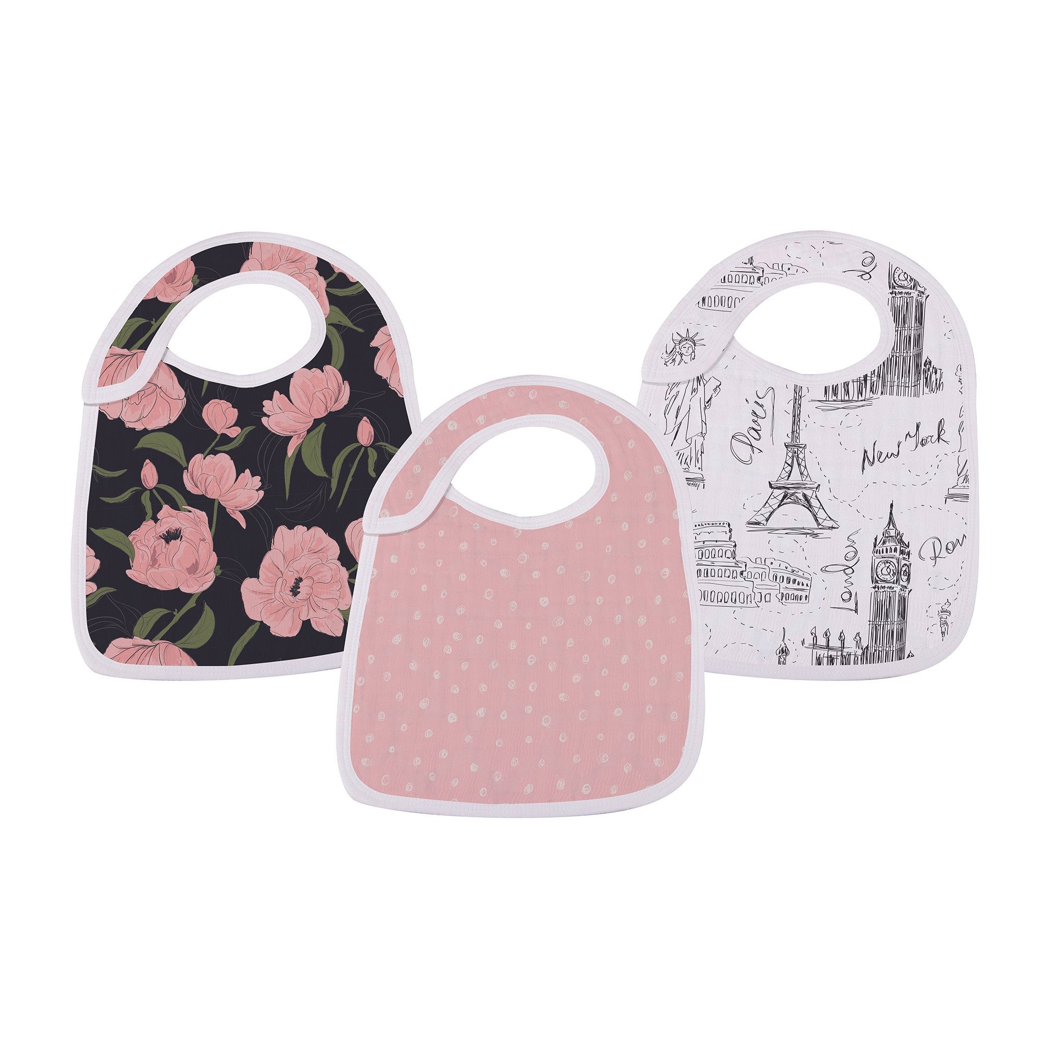 Stylish London, Paris, New York Snap Bibs made from soft bamboo muslin, featuring three snaps for adjustable fit and extra absorbent fabric.