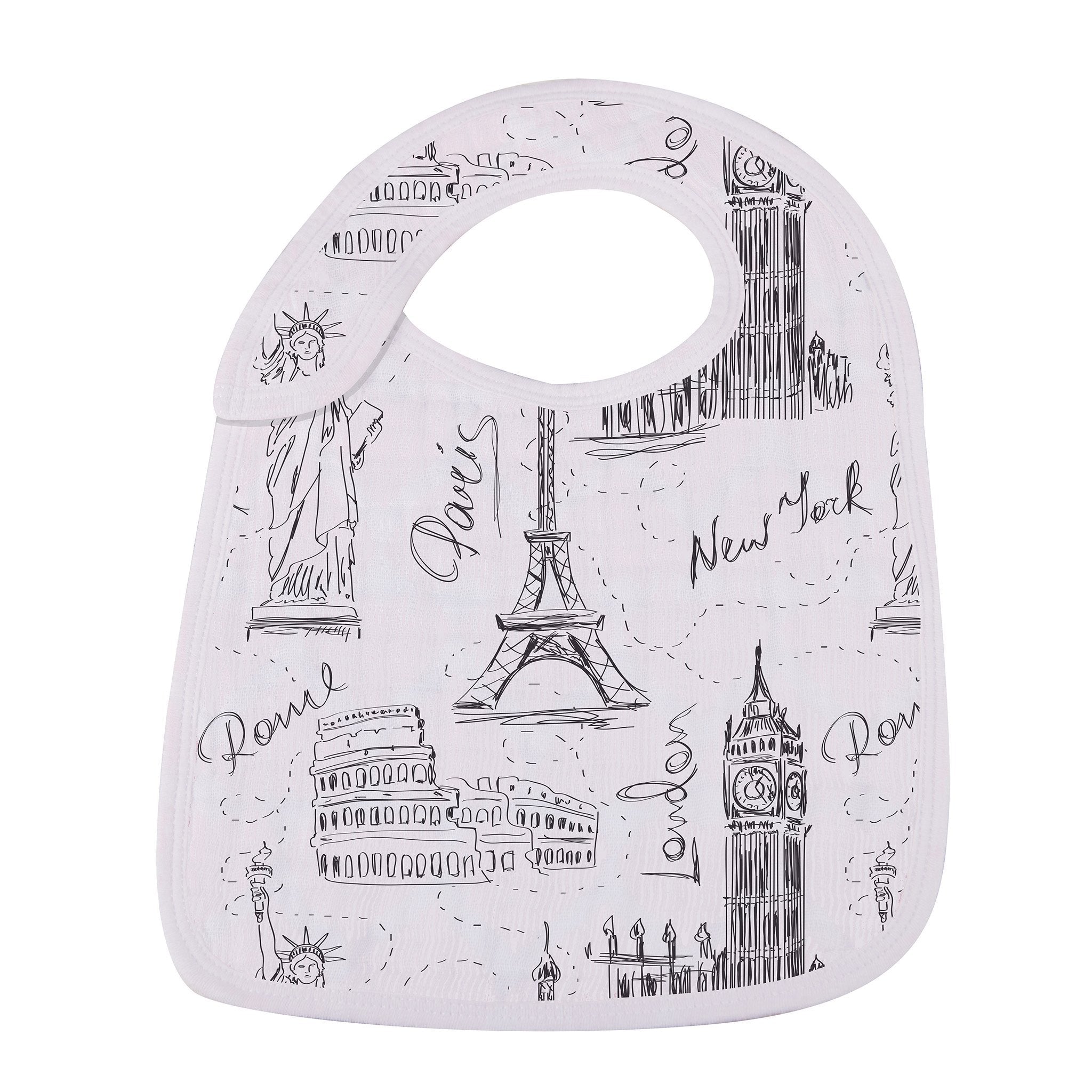 Stylish London, Paris, New York Snap Bibs made from soft bamboo muslin, featuring three snaps for adjustable fit and extra absorbent fabric.