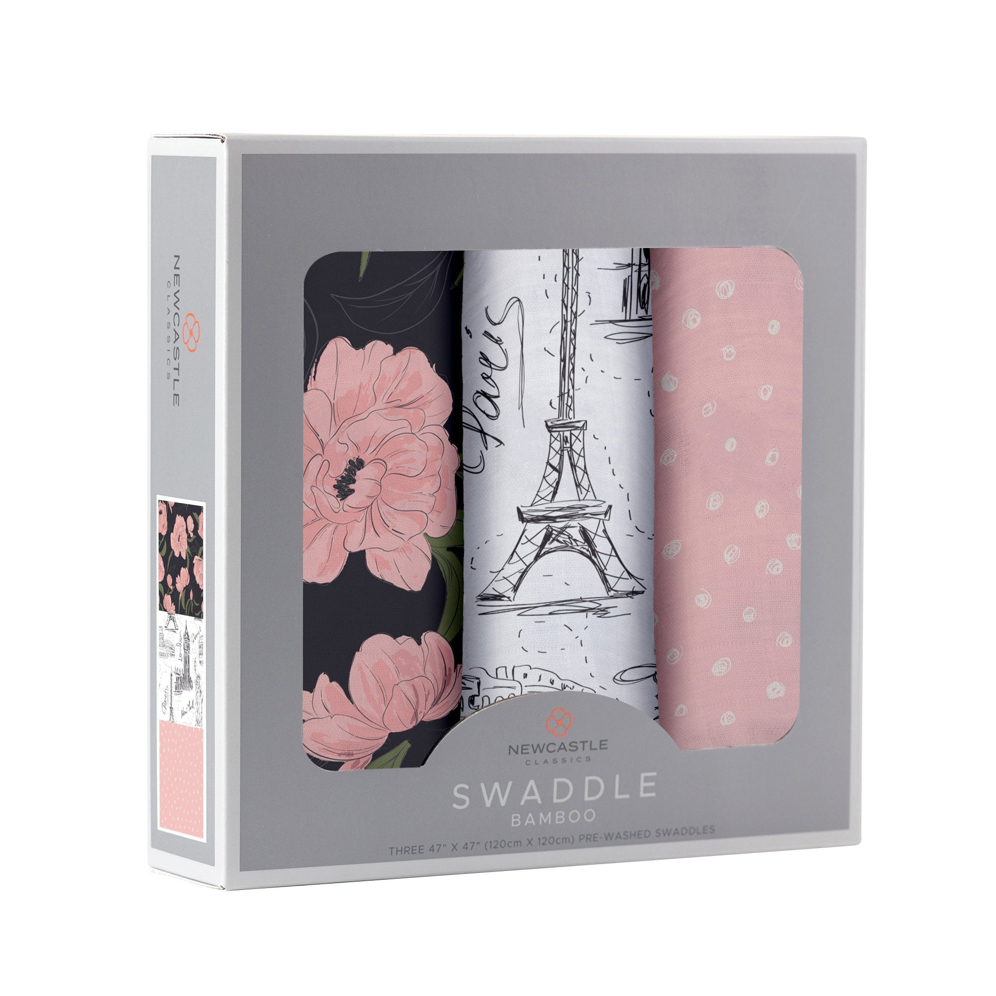 A pack of three soft bamboo muslin swaddles featuring stylish designs, perfect for wrapping babies comfortably.