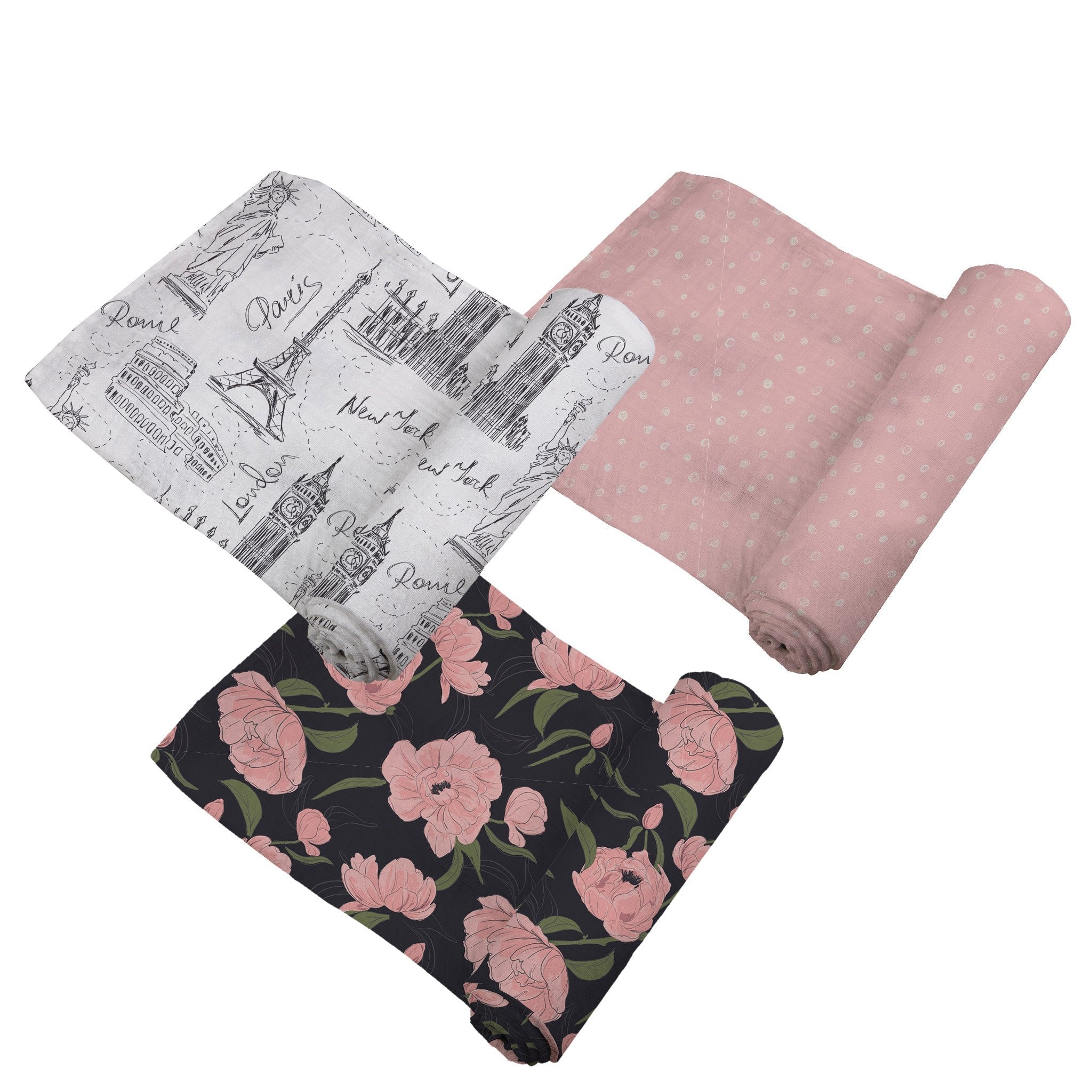 A pack of three soft bamboo muslin swaddles featuring stylish designs, perfect for wrapping babies comfortably.