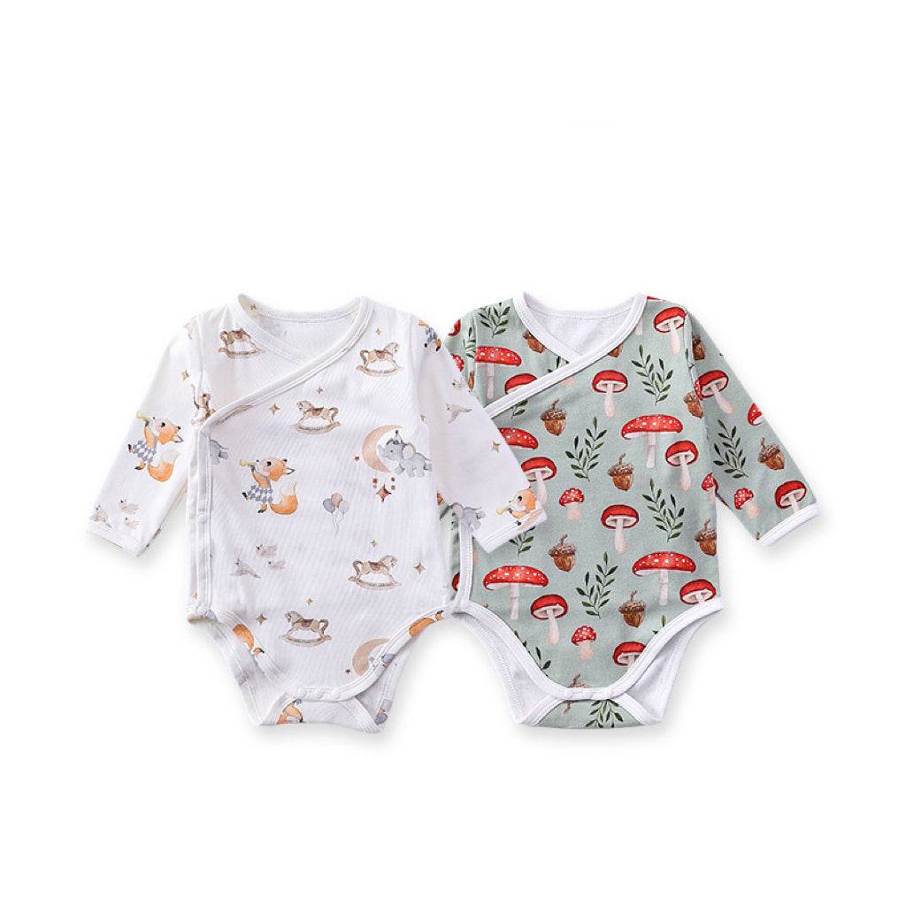 Long Sleeve Autumn Spring Soft Cotton Onesies in white and green colors, featuring floral and cartoon patterns, suitable for baby girls and boys.