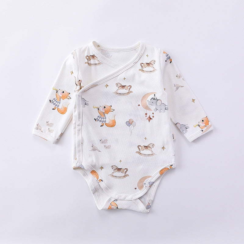 Long Sleeve Autumn Spring Soft Cotton Onesies in white and green colors, featuring floral and cartoon patterns, suitable for baby girls and boys.