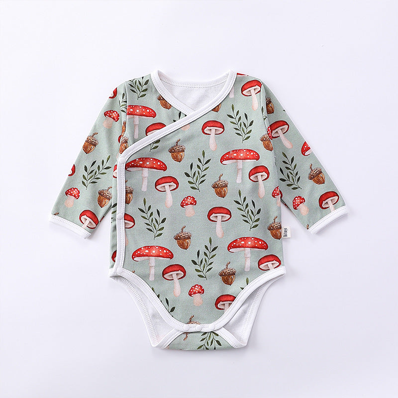 Long Sleeve Autumn Spring Soft Cotton Onesies in white and green colors, featuring floral and cartoon patterns, suitable for baby girls and boys.