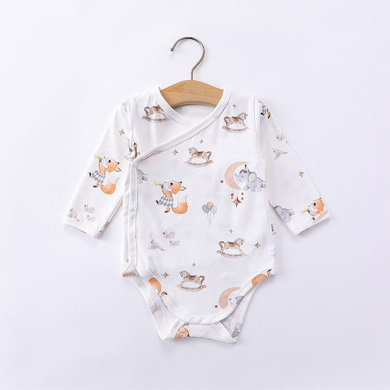 Long Sleeve Autumn Spring Soft Cotton Onesies in white and green colors, featuring floral and cartoon patterns, suitable for baby girls and boys.