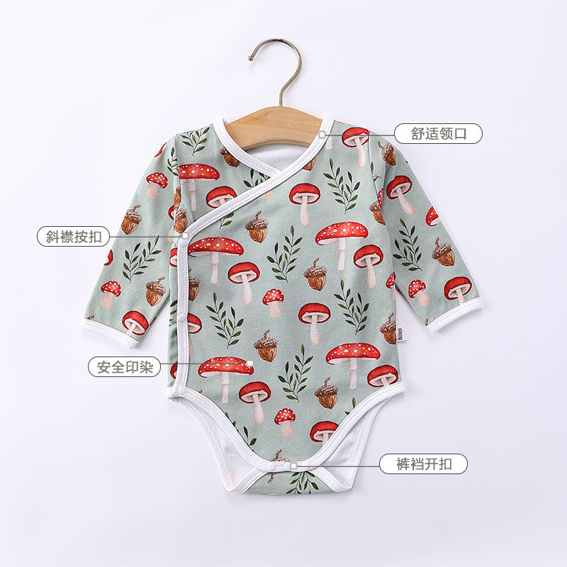 Long Sleeve Autumn Spring Soft Cotton Onesies in white and green colors, featuring floral and cartoon patterns, suitable for baby girls and boys.