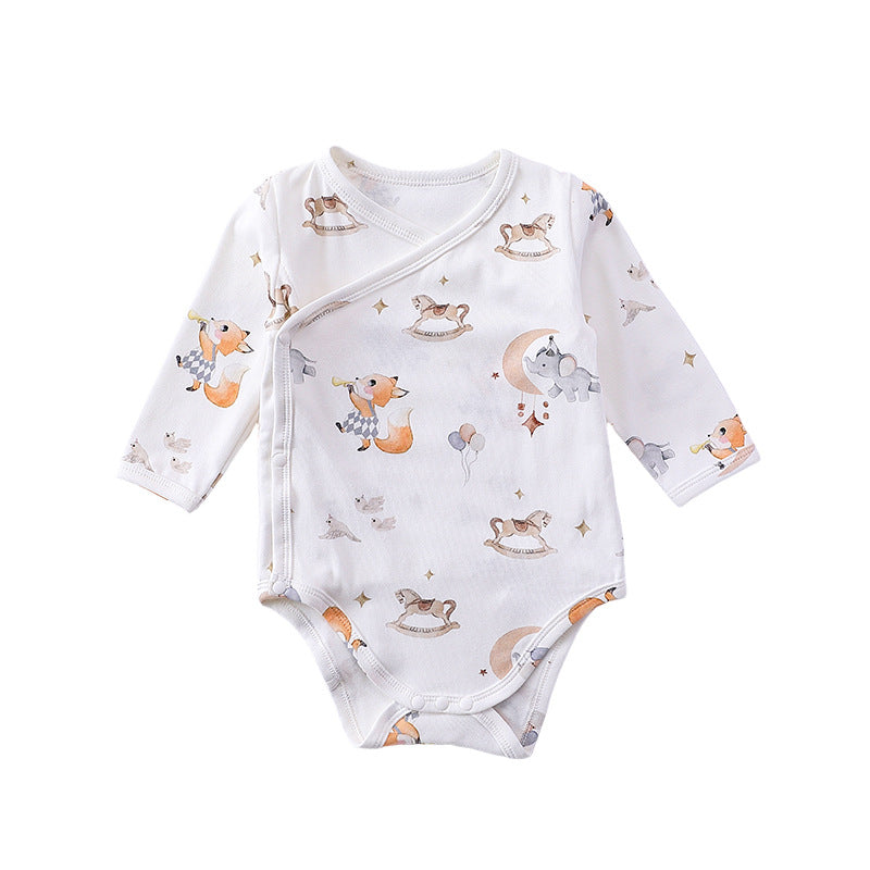 Long Sleeve Autumn Spring Soft Cotton Onesies in white and green colors, featuring floral and cartoon patterns, suitable for baby girls and boys.