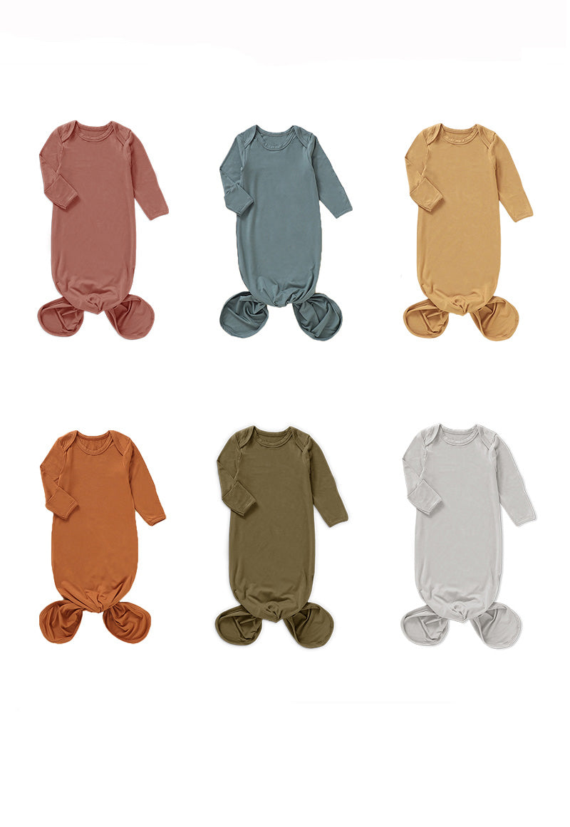 Long Sleeve Knotted Sleeping Gown in various colors, showcasing soft bamboo fabric and stylish knot design at the bottom.