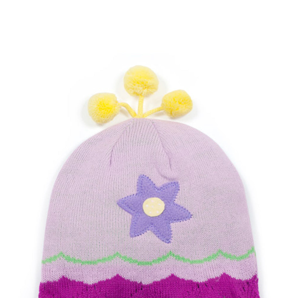 A colorful Lotus Flower Knit Hat featuring embroidered lotus design and playful tassels, perfect for children.