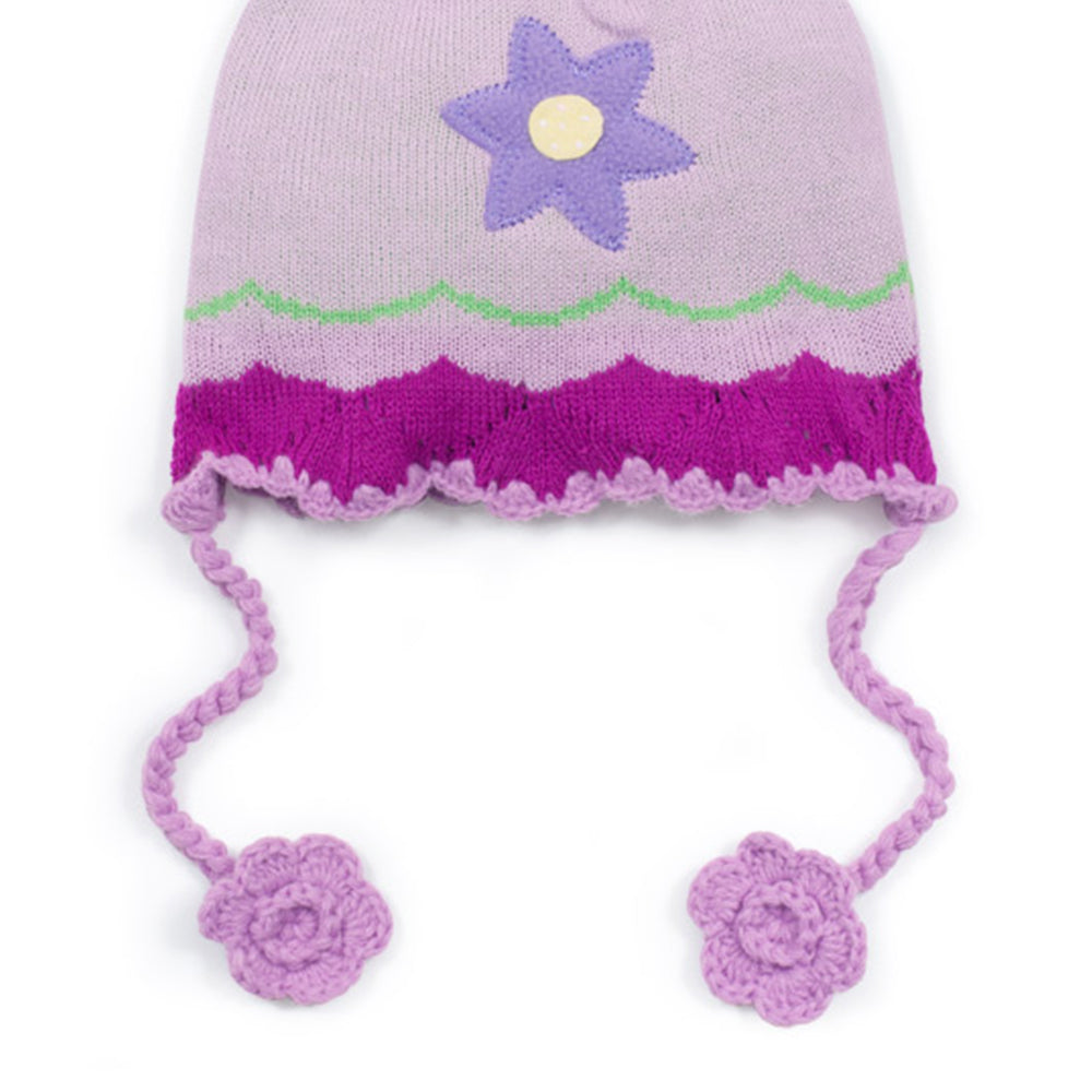 A colorful Lotus Flower Knit Hat featuring embroidered lotus design and playful tassels, perfect for children.