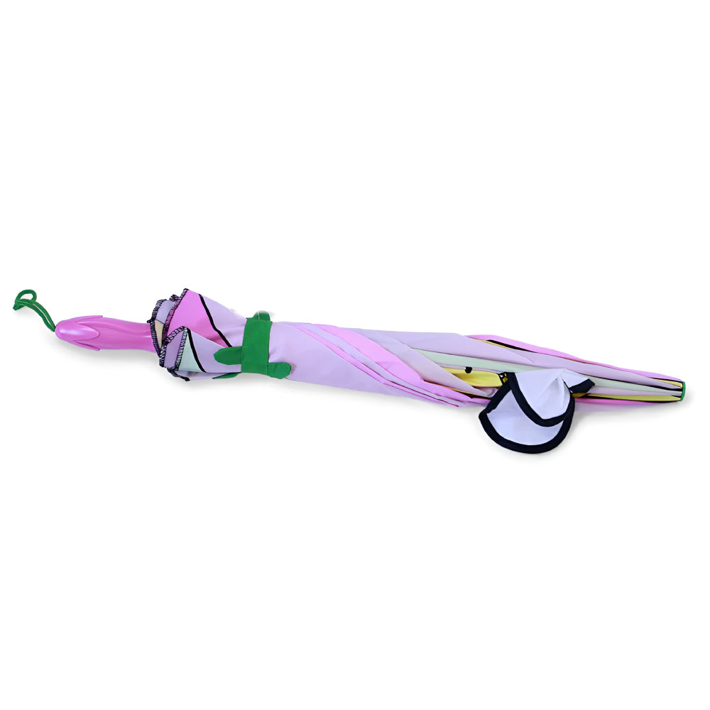 A colorful Lotus Flower Umbrella designed for children, featuring a fun lotus handle and lightweight nylon material, perfect for rainy days.