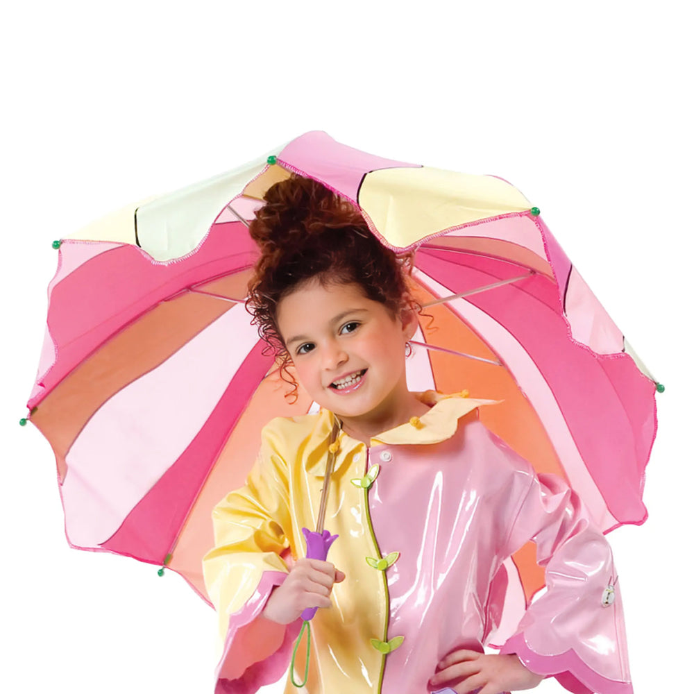 A colorful Lotus Flower Umbrella designed for children, featuring a fun lotus handle and lightweight nylon material, perfect for rainy days.