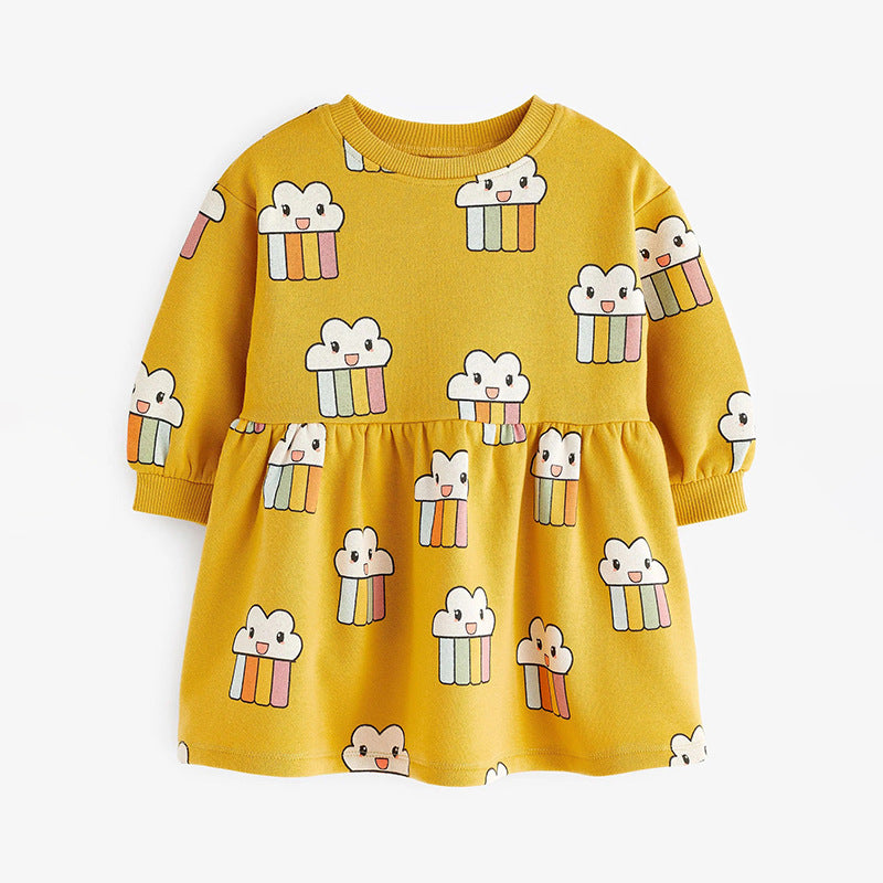 Lovely yellow cartoon pattern loose autumn dress for girls, made from soft cotton, perfect for playful activities.