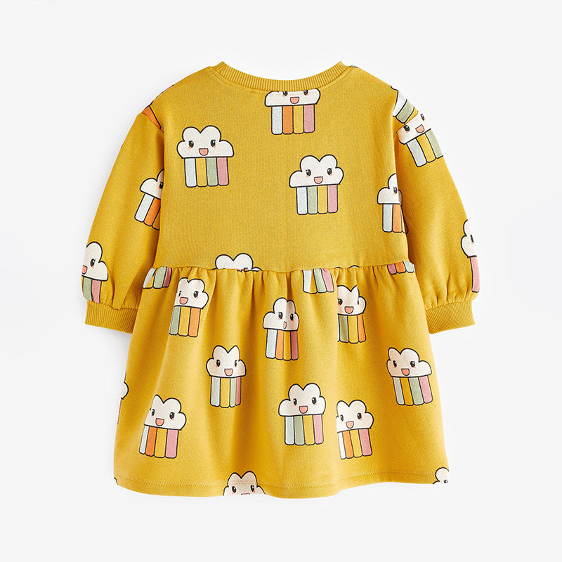 Lovely yellow cartoon pattern loose autumn dress for girls, made from soft cotton, perfect for playful activities.