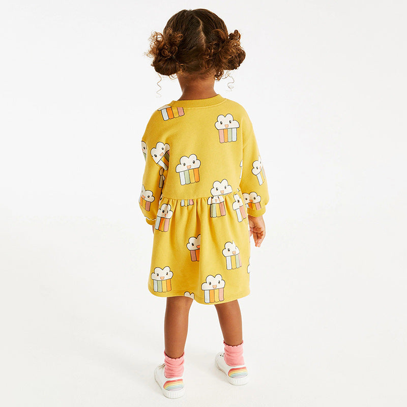 Lovely yellow cartoon pattern loose autumn dress for girls, made from soft cotton, perfect for playful activities.