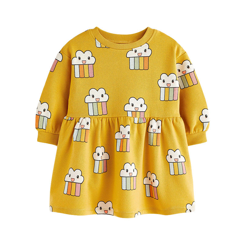 Lovely yellow cartoon pattern loose autumn dress for girls, made from soft cotton, perfect for playful activities.