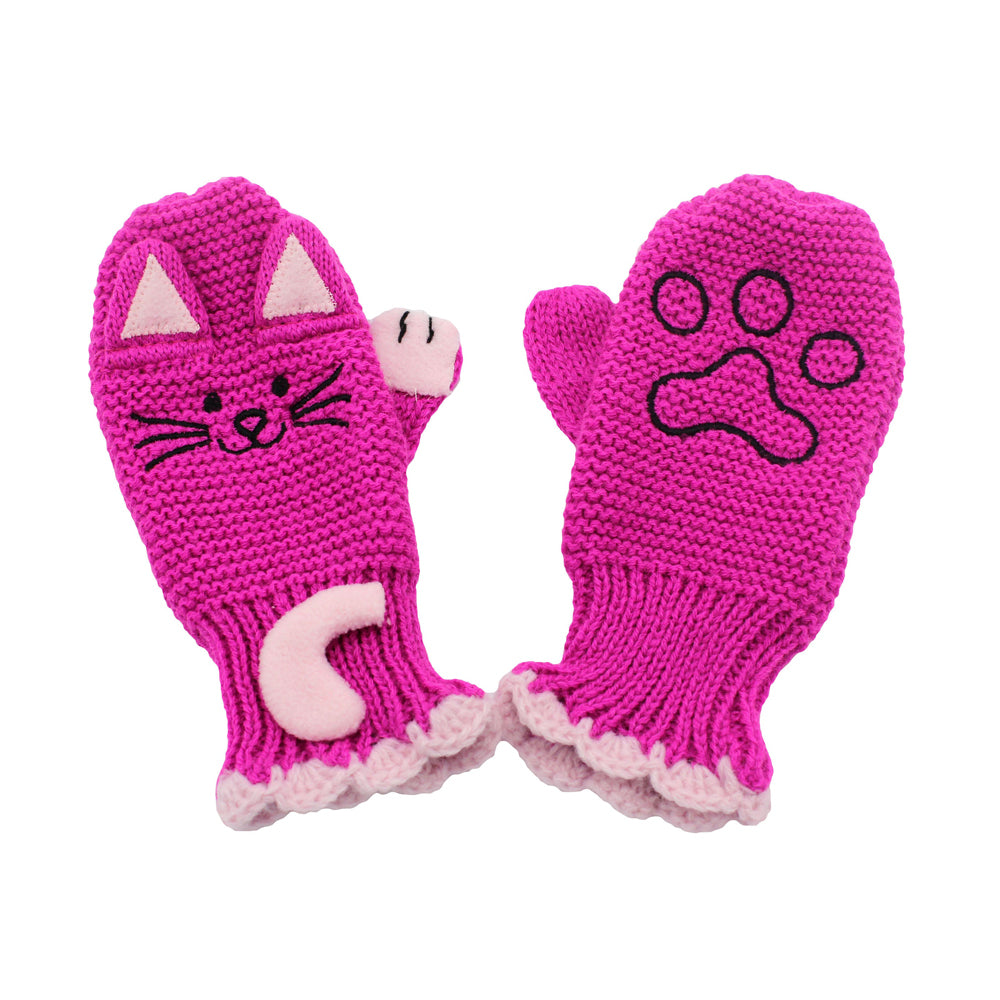 Colorful Lucky Cat Knit Mittens featuring playful cat ears, tail, and whiskers, perfect for children's imaginative play.