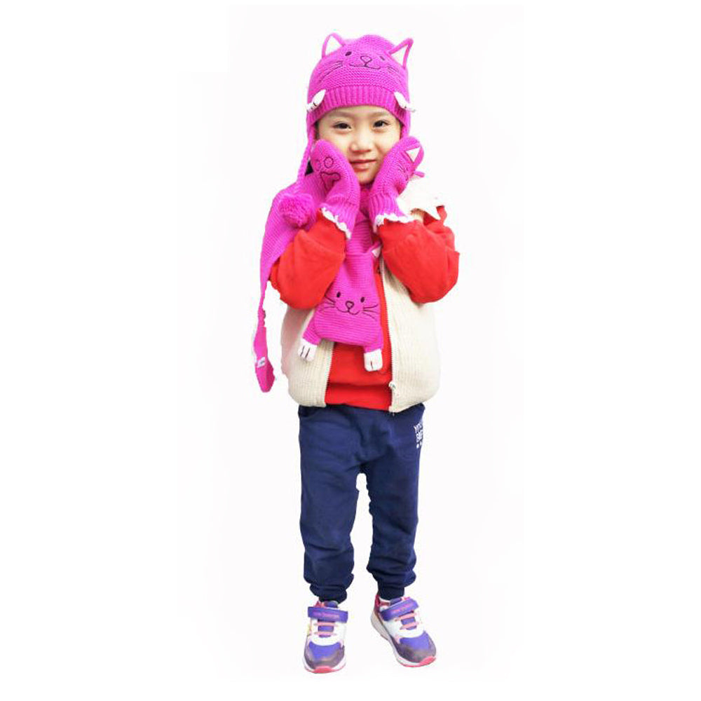 Colorful Lucky Cat Knit Mittens featuring playful cat ears, tail, and whiskers, perfect for children's imaginative play.