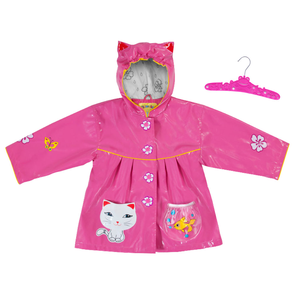 A colorful Lucky Cat Raincoat featuring playful kitty ears, flower buttons, and fun pockets, perfect for kids.